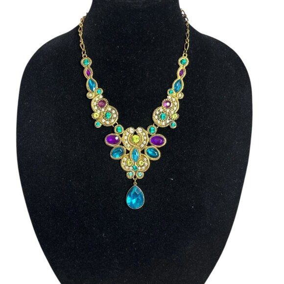 Jewel Tone Statement Bib Necklace Gold Tone Teardrop Pendant Multicolor - Picture 2 of 5